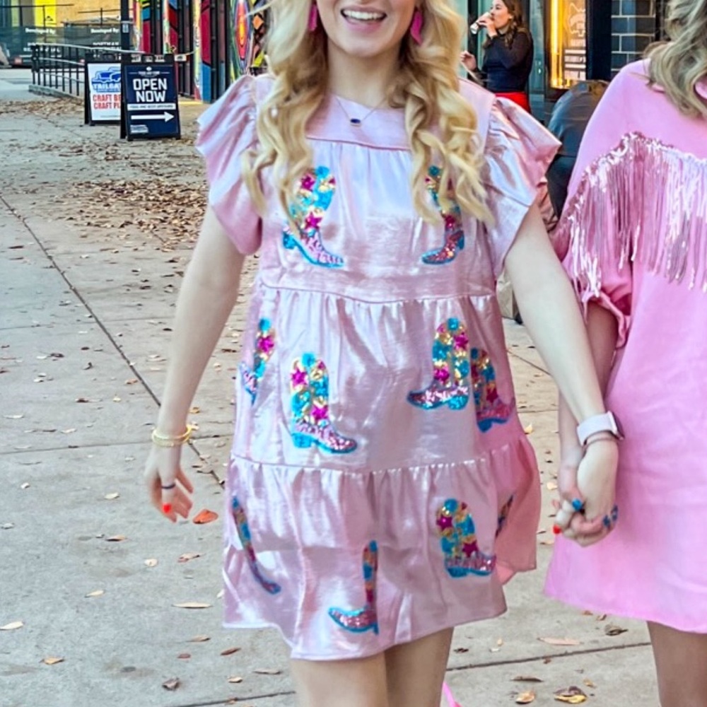 Pink Sequin Cowboy Boot Print Dress